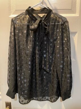 Anthology Sheer Polka Dot Tie-Neck Blouse - Black, Size 14